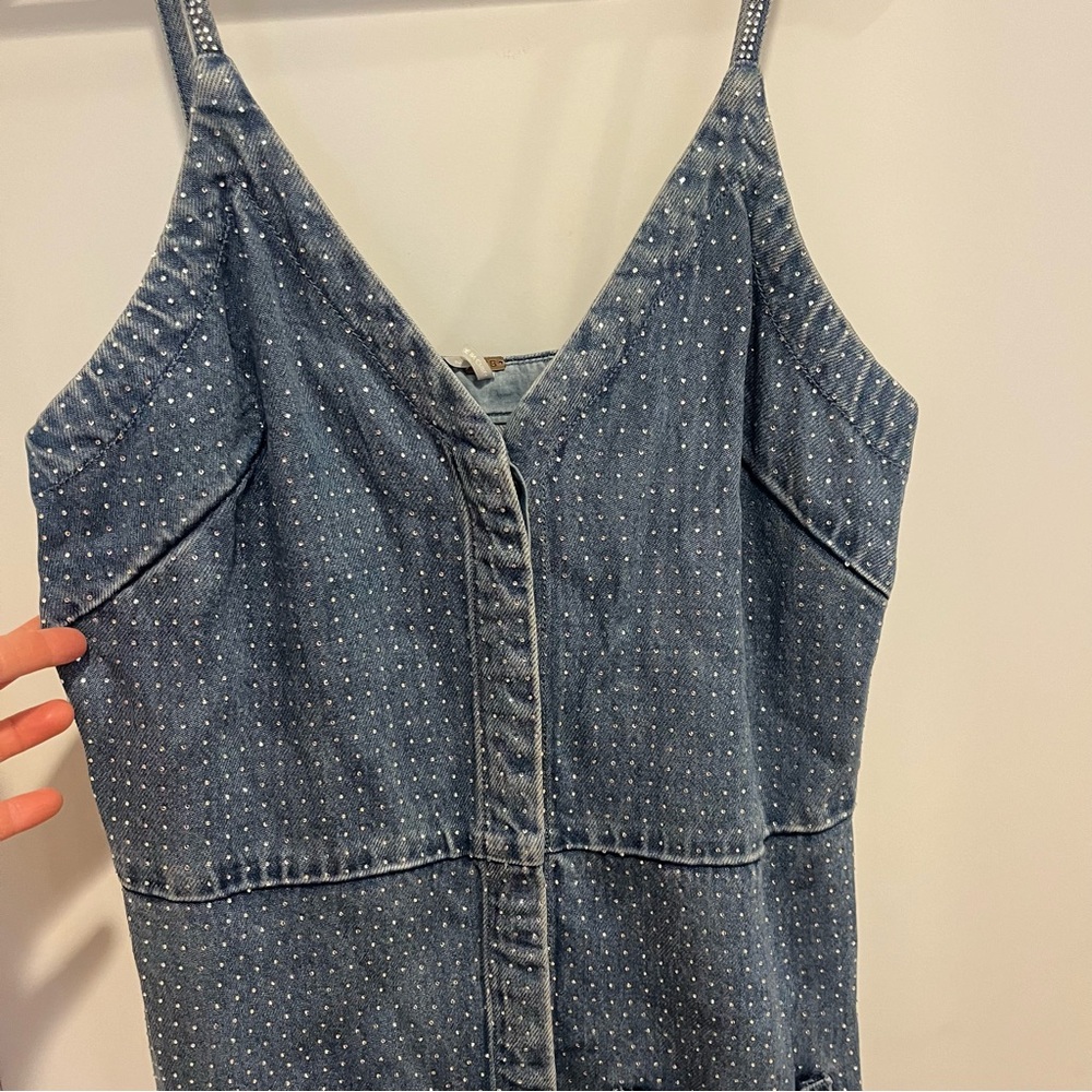 NWOT Young, Fabulous, and Broke Denim Rhinestone Mini Dress Small - Picture 3 of 9